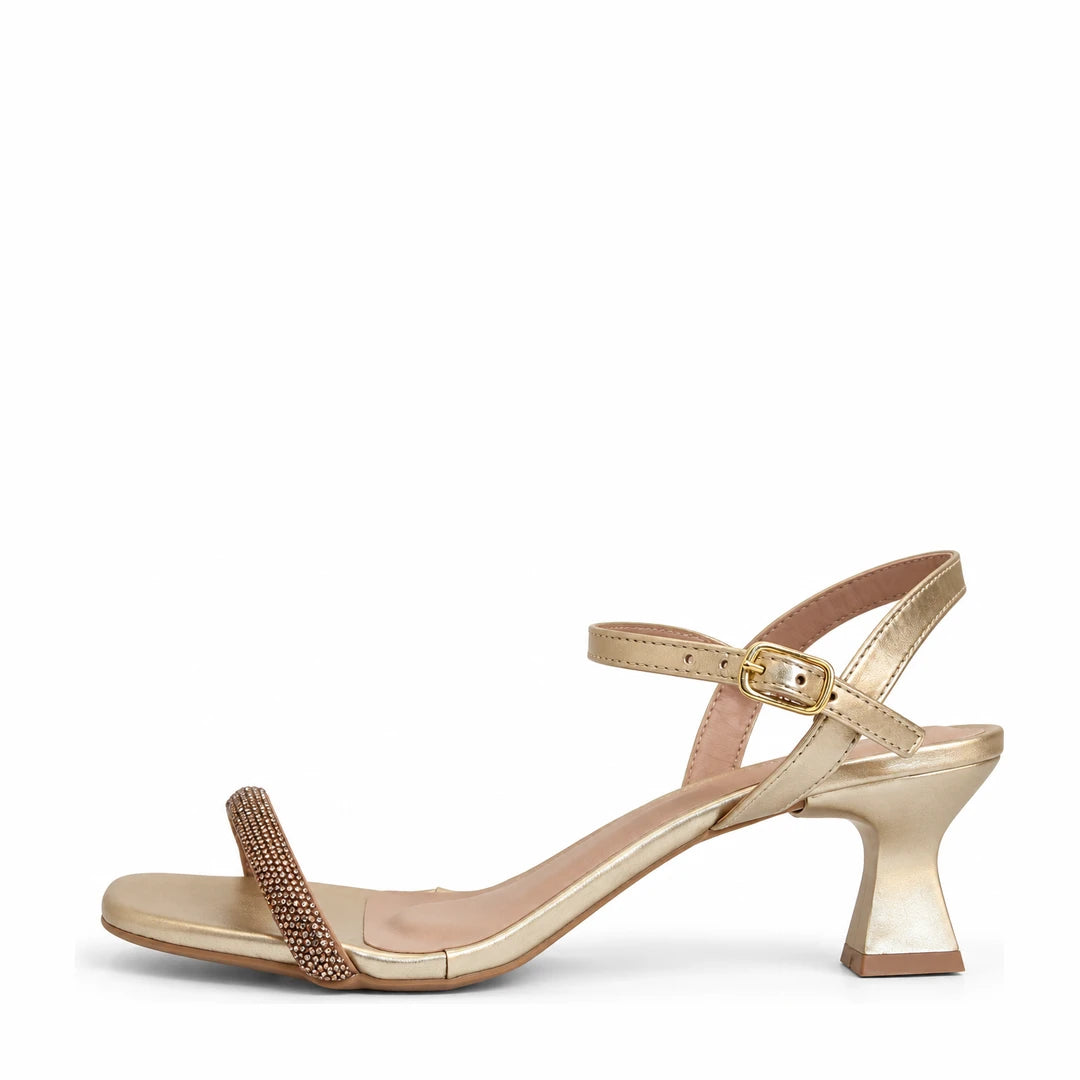 Sandália de salto taça Betty Slim Crystal dourado light Rosamango com tira de cristais