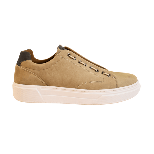 TÊNIS SLIP ON MASCULINO EM COURO CAMURÇA BEGE